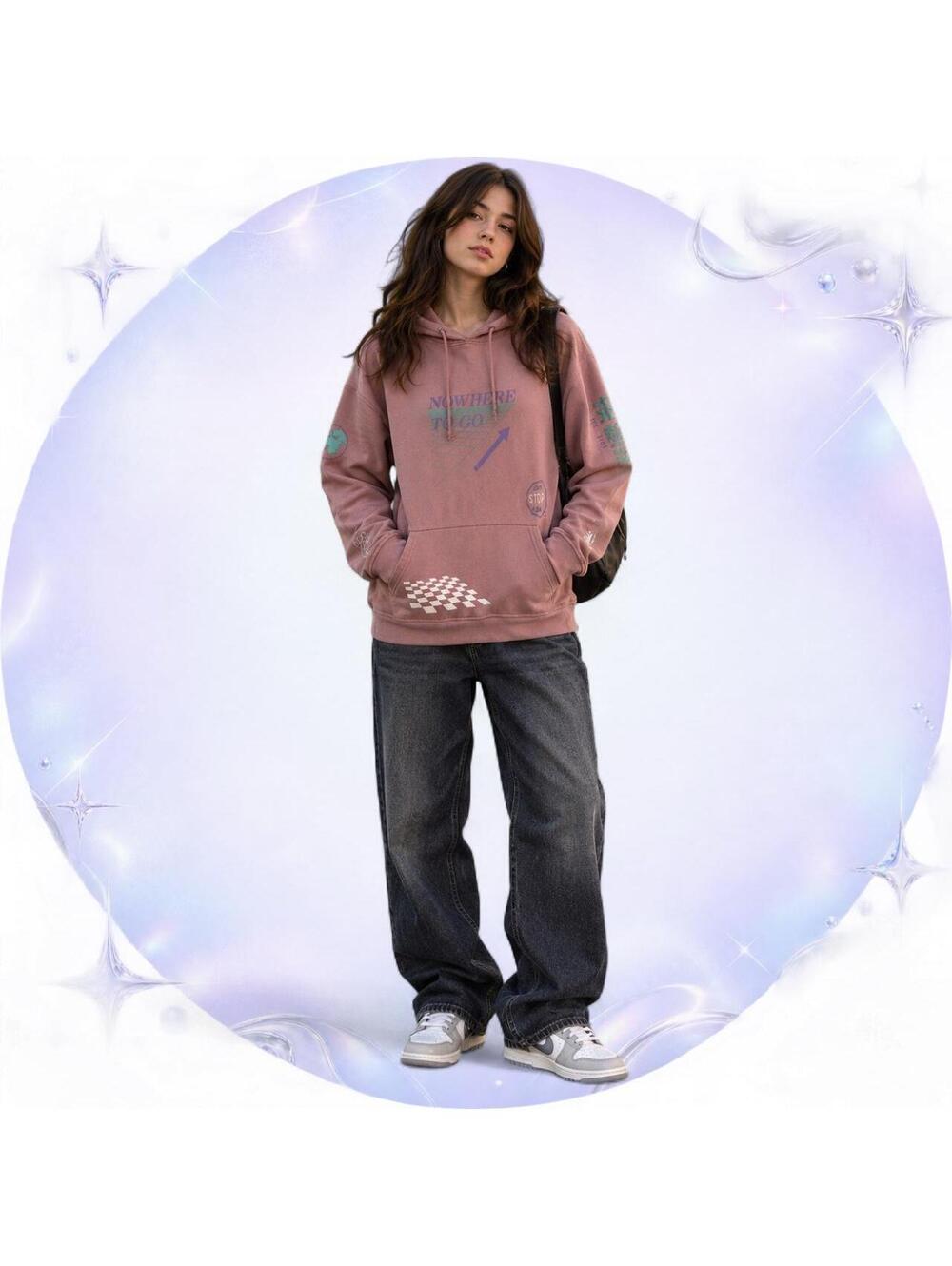 Y2K Skater Dusty Rose Graphic Hoodie Size Medium